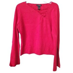 Capri Bamboo Asymmetrical V-Neck Long Slit Sleeve Red Pullover Sweater Sz Large